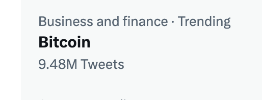 BitcoinMagazine's tweet photo. #Bitcoin is trending with over 9.48 million tweets 🤯

Probably nothing... https://t.co/zfzgbsdfRQ