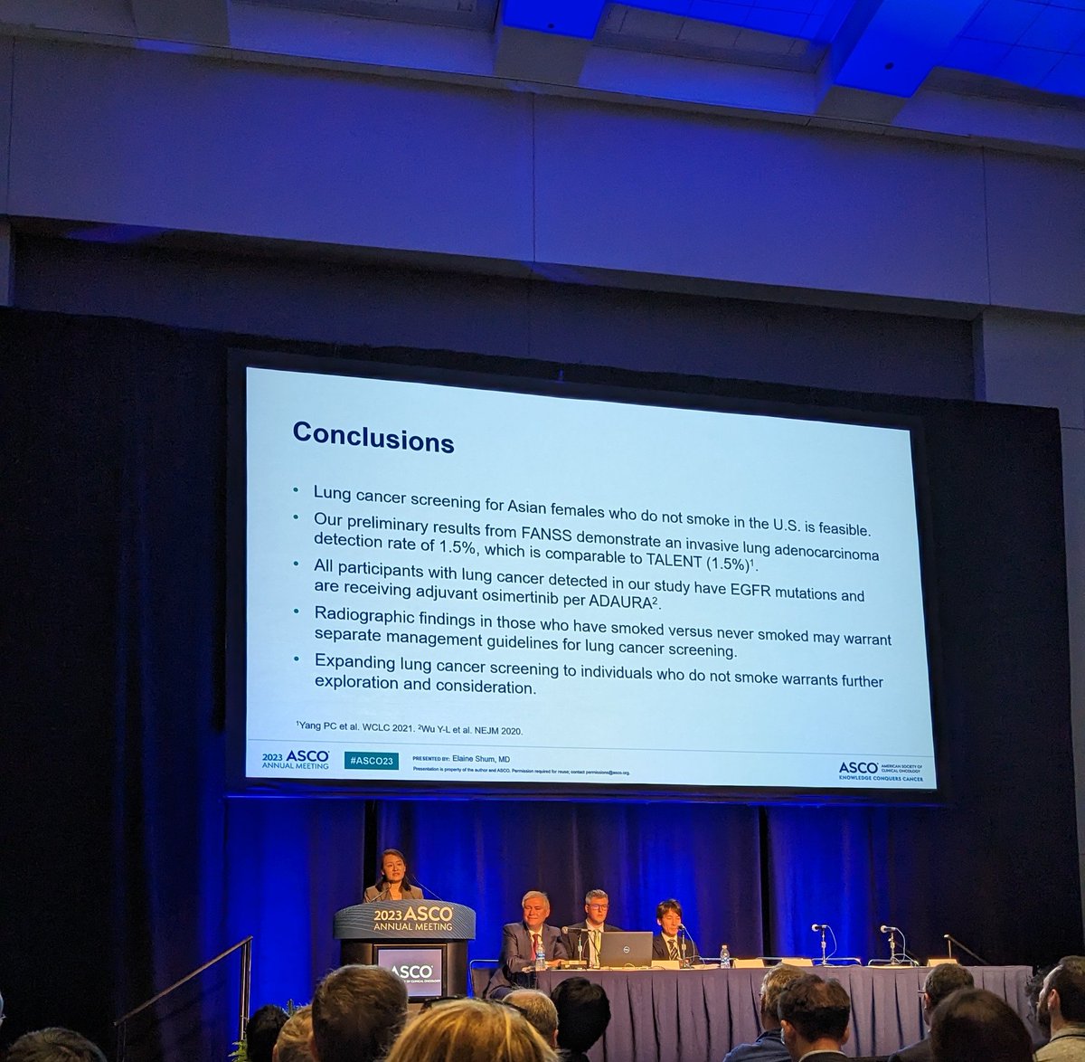 . @SandlerRhodes thinking about our lung screening program in light of FANSS trial women, 40-74, never smoked, identify as from Asian descent detection rate of 1.5%, all with EGFR ascopubs.org/doi/abs/10.120… presented by @ElaineShumMD at #ASCO23 #LCSM