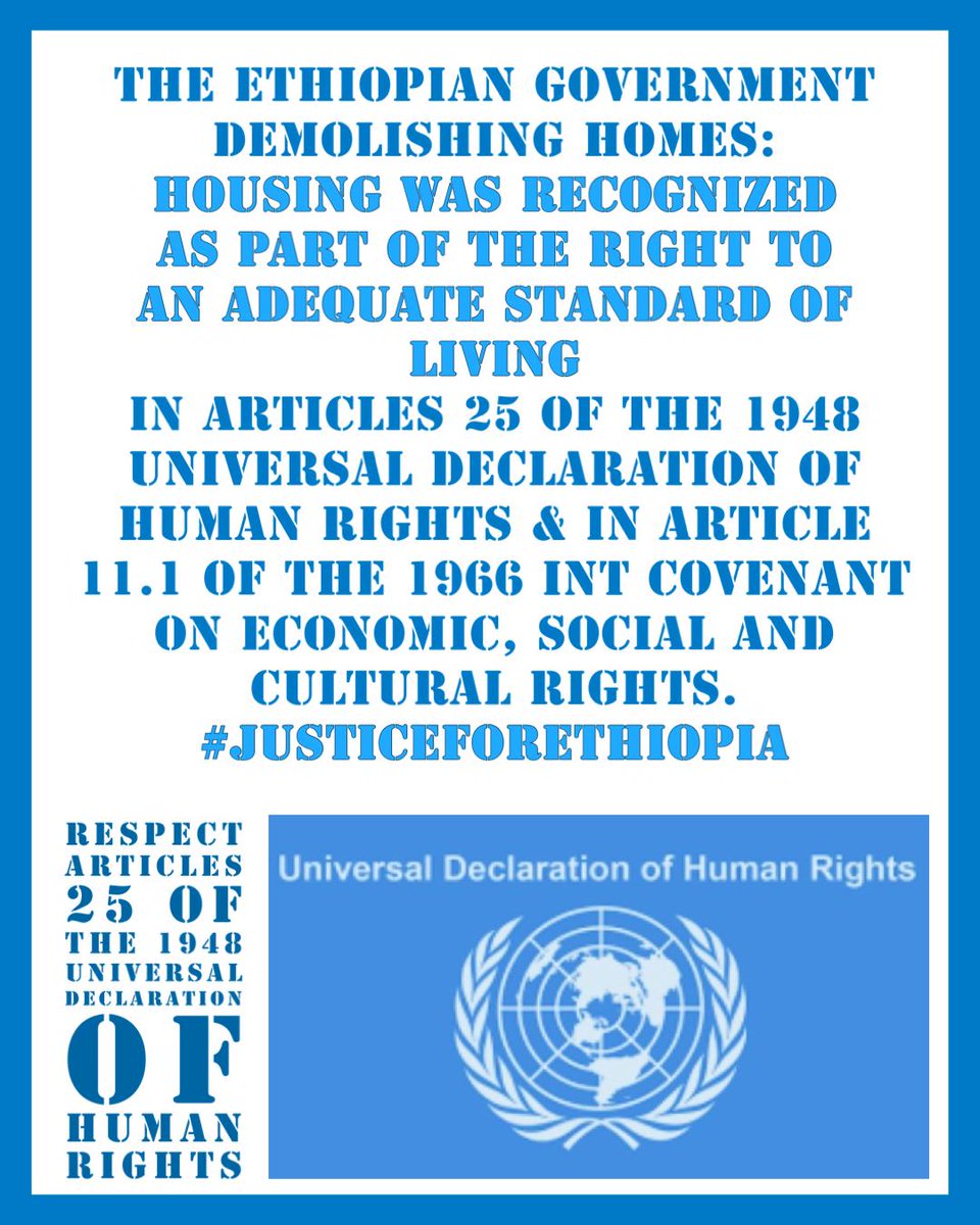As signatory of @UN Charter & Int'l Covenant on Economic, Social & Cultural Rights, 🇪🇹 must ensure all Ethiopians possess security of tenure, which guarantees legal protection against forced evictions. #JusticeForEthiopia #DefudAbiy #RerouteRemittance #SanctionEthiopianGovt