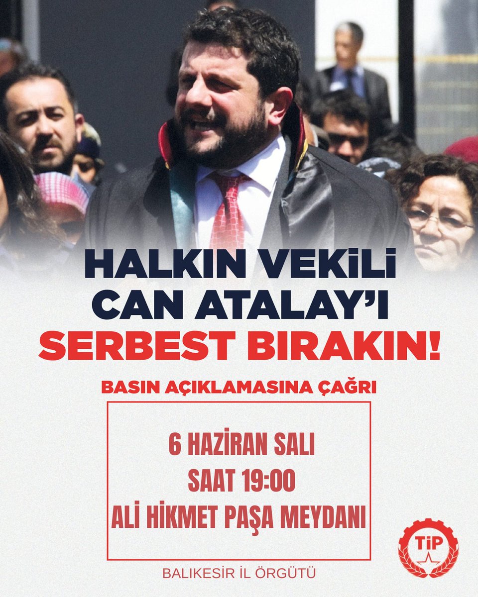 Can Atalay için meydanlara çıkıyoruz! Halkımızın iradesi #CanAtalayaÖzgürlük 📍Merkez 🗓️6 Haziran Salı 🕖19.00