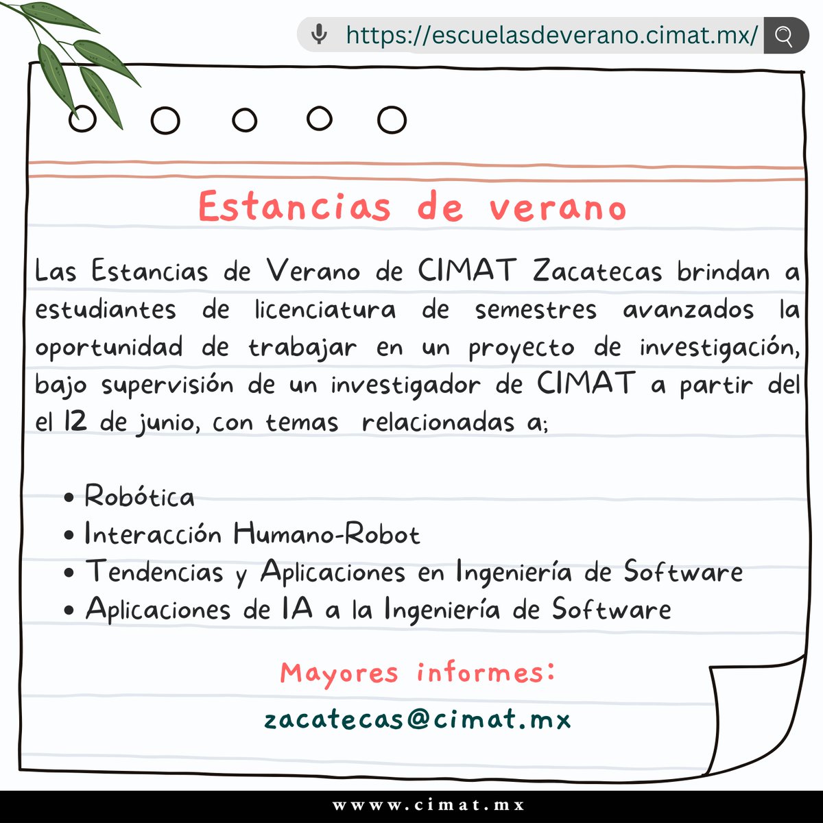 ¡Inscríbete  a la escuela y estancias de verano en Zacatecas!

➡ escuelasdeverano.cimat.mx/Zacatecas_escu…

Por disposición, los estudiantes deben haber acreditado al menos el 5to. semestre de licenciatura con un promedio global mínimo de 8.5.
Mayores informes: zacatecas@cimat.mx