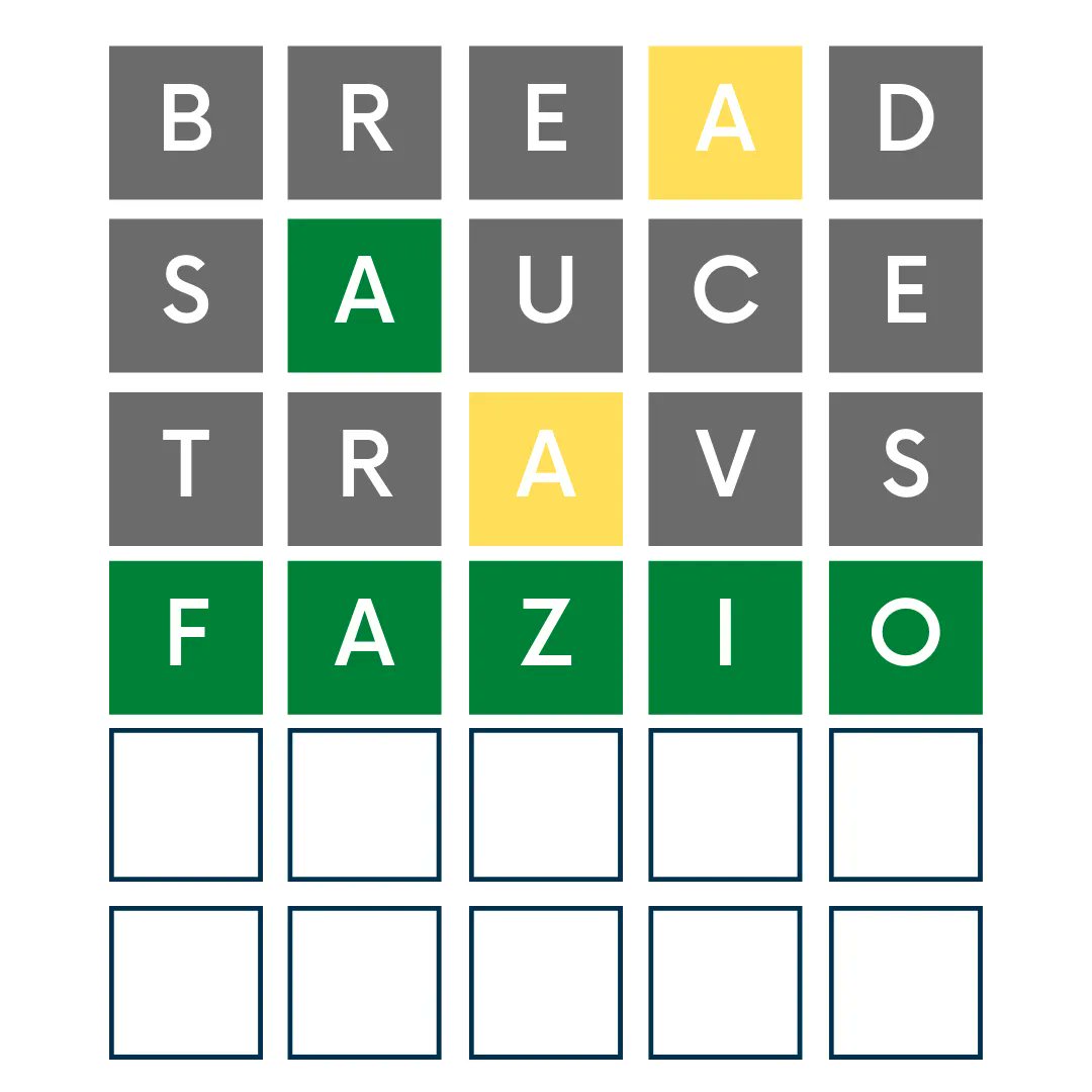 Wordle 4/6
⬜⬜⬜🟨⬜
⬜🟩⬜⬜⬜
⬜⬜🟨⬜⬜
🟩🟩🟩🟩🟩

#Bread #Sauce #TRavs #Fazio #Wordle #DailyWordle