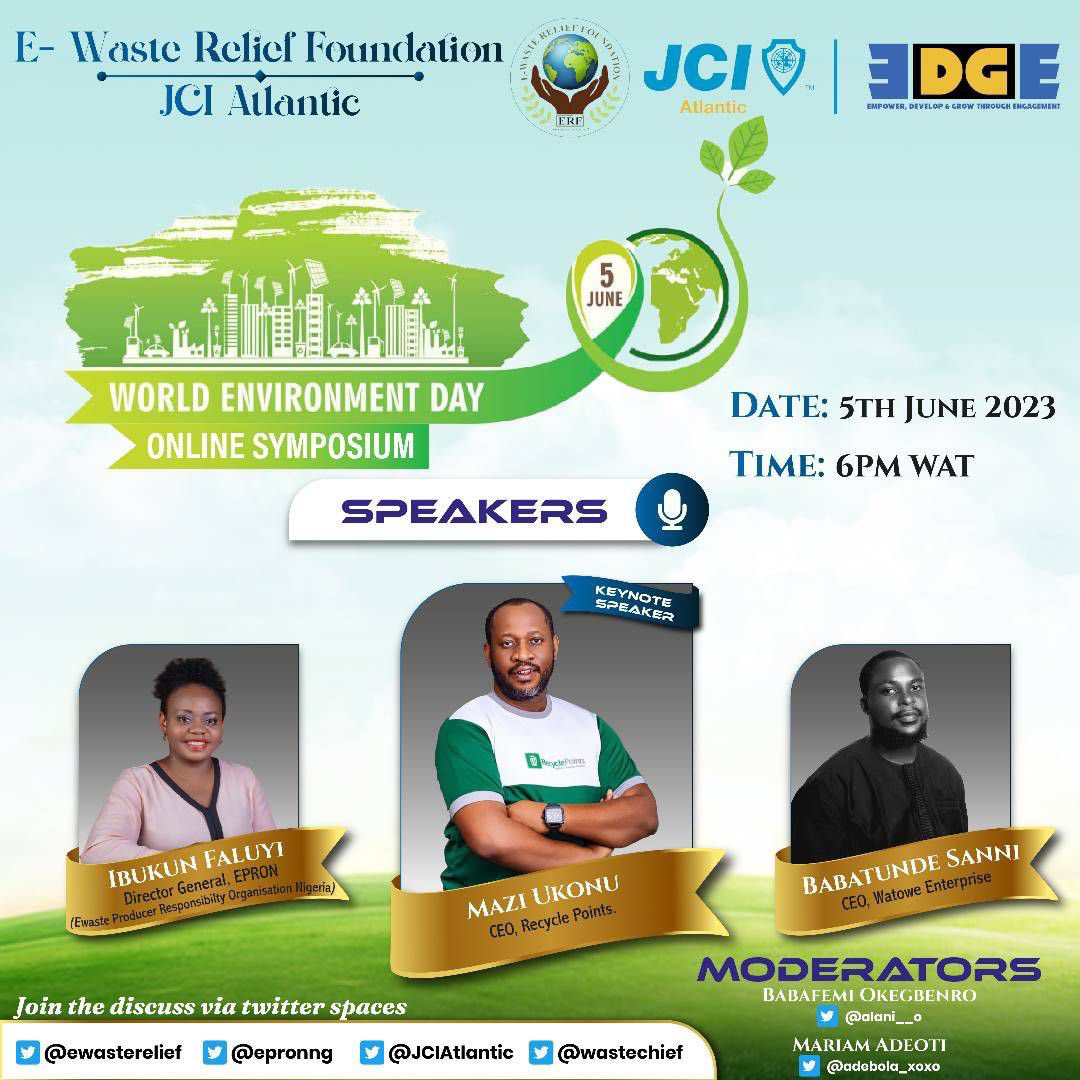 I will be speaking at the ERF 2023 online symposium to commemorate World Environment Day 2023 in partnership with E-Terra technologies &amp; JCI Ikeja.
Date: Monday 5th June 2023
Time: 6pm WAT
Venue: Twitter Spaces
Click link below 👇🏾 to join:
x.com/i/spaces/1PlKQ…