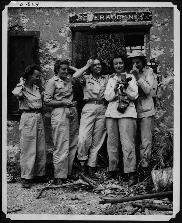 Five American Red Cross workers pose as if checking their hair in a compact's mirror (not a smart phone) in  post-battle Corregidor, August 1945. #militarymonday #wvhp #UNCG #WWII