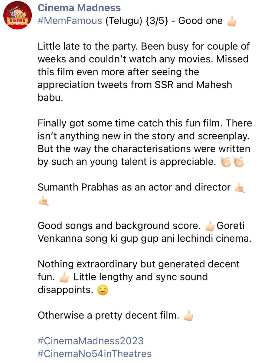Cinema Madness 24*7 (@cinemamadness24) on Twitter photo 103. #MemFamous (Telugu) {3/5} ππ»
#MemFamousReview
<a href="/SumanthPrabha_s/">Sumanth Prabhas</a> @SharathWhat <a href="/anuragmayreddy/">Anurag Reddy</a> <a href="/ChaiBisket/">Chai Bisket</a> <a href="/ChaiBisketFilms/">Chai Bisket Films</a> 103. #MemFamous (Telugu) {3/5} ππ»
#MemFamousReview
<a href="/SumanthPrabha_s/">Sumanth Prabhas</a> @SharathWhat <a href="/anuragmayreddy/">Anurag Reddy</a> <a href="/ChaiBisket/">Chai Bisket</a> <a href="/ChaiBisketFilms/">Chai Bisket Films</a>