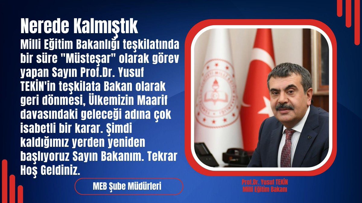 Milli Eğitim Bakanlığı görevine başlayan değerli meslek büyüğümüz, kıymetli hocamız Sayın Prof.Dr. Yusuf TEKİN’i tebrik ediyor, söylenecek sözümüz, yürüyecek yolumuz, Maarif davamız için başaracak projelerimiz varmış diyoruz.
#MebSubeMudurleri
#SnBakanimizYusufTekin
<a href="/Yusuf__Tekin/">Yusuf Tekin</a>