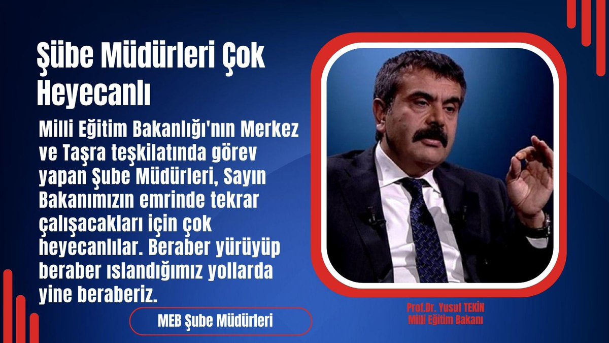 Sayın Cumhurbaşkanımız <a href="/RTErdogan/">Recep Tayyip Erdoğan</a>’ın tensipleriyle Milli Eğitim Bakanlığı görevine layık görülen Değerli Bakanımız Sayın Prof.Dr. <a href="/Yusuf__Tekin/">Yusuf Tekin</a> hocamızı tebrik ediyor, Türkiye Yüzyılı başlangıcı için büyük bir kazanım olarak görünüyoruz.
#MebSubeMudurleri
#SnBakanimizYusufTekin