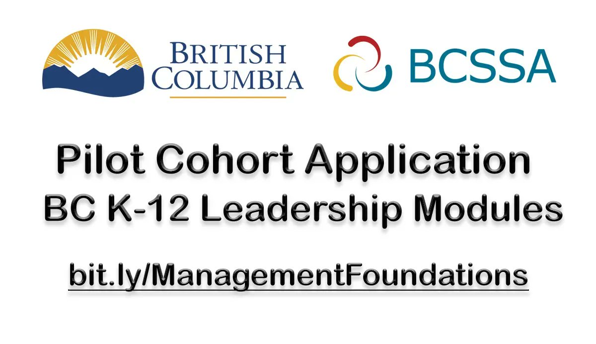 BC #Principals and #VicePrincipals this is the last week to register and be part of the development of a provincial training program for school leaders, developed by #MoECC, <a href="/BCSups/">BCSSA</a>, &amp; a consortium of BC K-12 education organizations. 
Apply: bit.ly/ManagementFoun…