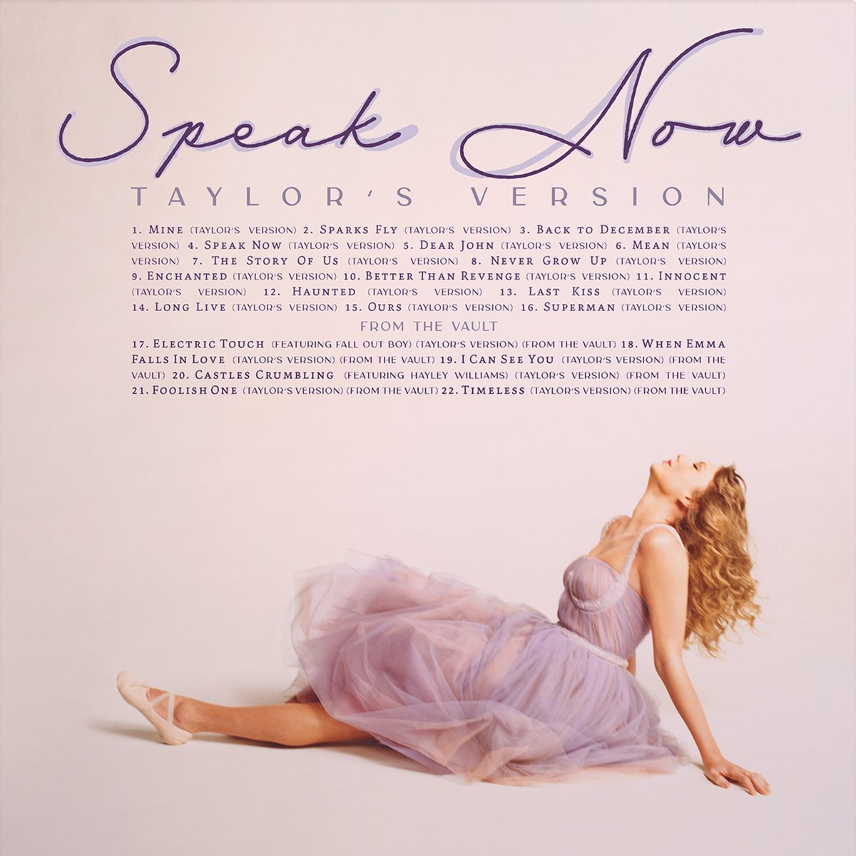 I’m VERY excited to show you the back cover of Speak Now (my version) including the vault tracks and collaborations with Hayley Williams from @paramore and @falloutboy. Since Speak Now was all about my songwriting, I decided to go to the artists who I feel influenced me most…