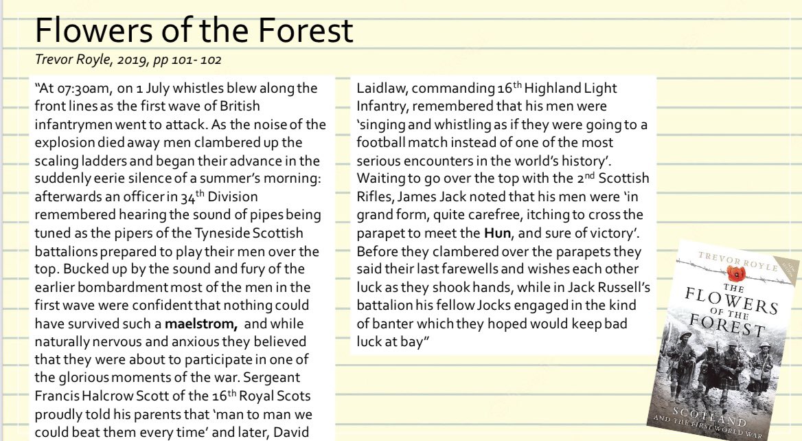 MissCCampbell2's tweet photo. I’m excited for S3 Historians to be exploring the Somme through soldiers’ eyes. Trevor Royle’s ‘Flowers of the Forest’ is a great way to promote reading + use of primary sources
We are all responsible for the development and love of #literacy! 
@PortobelloHigh 
#achievingtogether https://t.co/sg1HblTxJM
