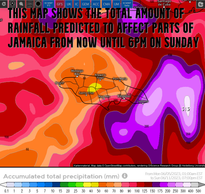 High amounts of rainfall are in the forecast for sections of Jamaica especially eastern parishes over the next 6 days starting on Tuesday, June 06, 2023. Flash flooding is possible. If you must go out, bring an umbrella &amp; if you come upon flooded roadways turn around, don't drown