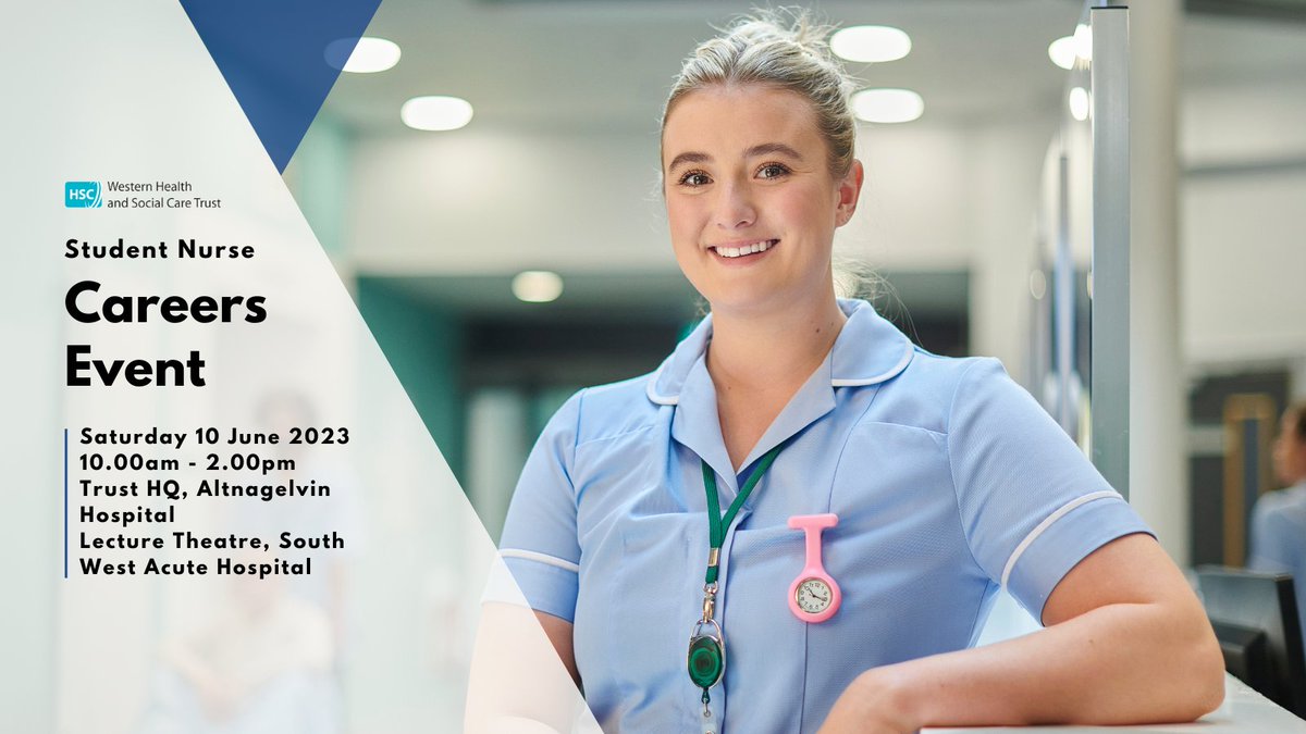 Calling all final year nursing students and registered nurses who would be interested in joining the Western Trust. Join us at our Career’s Information Event on

🗓 Saturday 10 June | 10am-2pm
📍 Trust HQ, Altnagelvin Hospital
📍 Lecture Theatre South West Acute Hospital