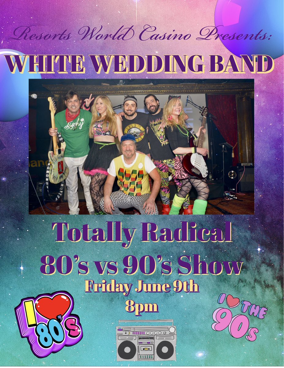 This Friday night, June 9, WW will be @resortsworldnyc at Bar 360 for a an 80s vs 90s show!! Last time out the 80s took the crown!! What team will you be on??? 8pm start
#resortsworldcasinonyc #bar360 #80svs90s #tributebands #nycnitelife #whiteweddingband