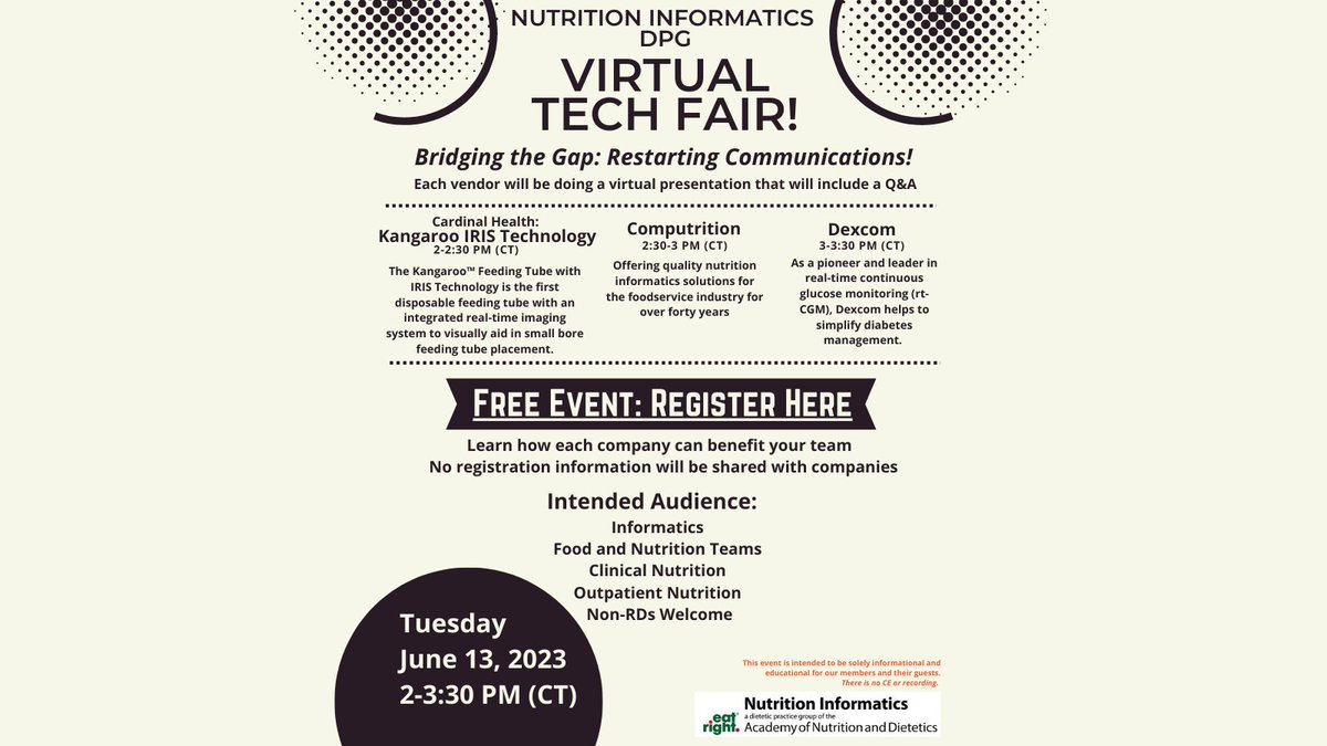 MARK YOUR CALENDAR!

Our 3rd Tech Fair is next Tuesday June 13th from 2-330 CT.

Come learn about:
-Kangaroo Iris Technology
-Computrition
-Dexcom

Here is the link to register: eatright-org.zoom.us/webinar/regist…