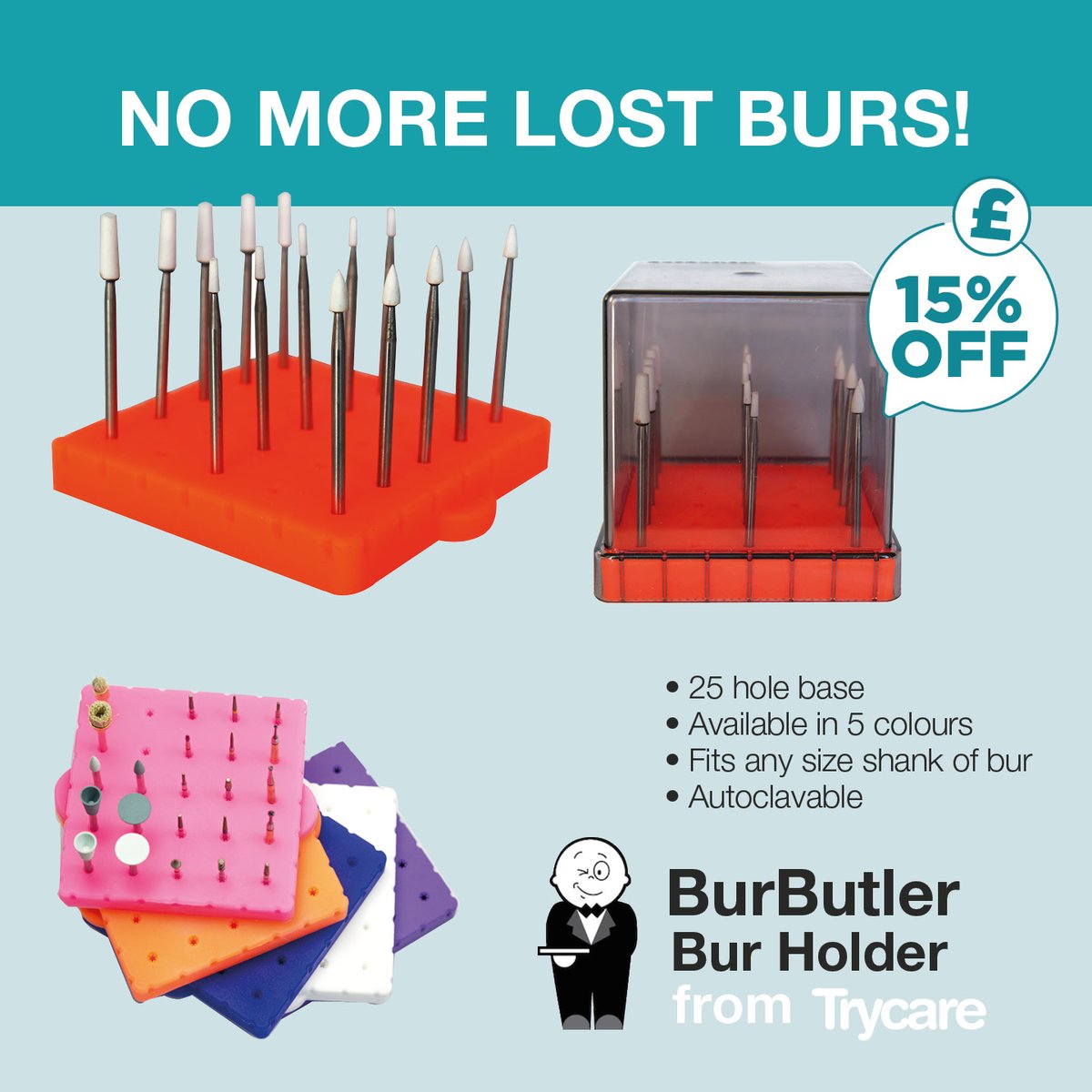 TrycareChiroPod's tweet photo. No more burs down the sink! 
BurButler gives you the benefit of organising, sterilising, accessing and caring for your burs.

With an autoclavable silicone base and plastic lid.

15% off ends 30/6/23
View offer on our website https://t.co/yrBHLiDNnY #footcare https://t.co/wBZ4XF8Jnu