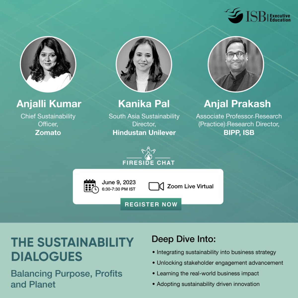 .<a href="/ISB_CEE/">ISB Executive Education</a> is organising a fireside chat on “The Sustainability Dialogues: Balancing Purpose, Profits, and Planet” among <a href="/anjalli80/">Anjalli Ravi Kumar</a>, Chief Sustainability Officer, Zomato; <a href="/KanikaPal/">Kanika Pal</a>, South Asia Sustainability Director, Hindustan Unilever and ISB faculty <a href="/AnjalPrakash/">Anjalprakash</a>.

Through