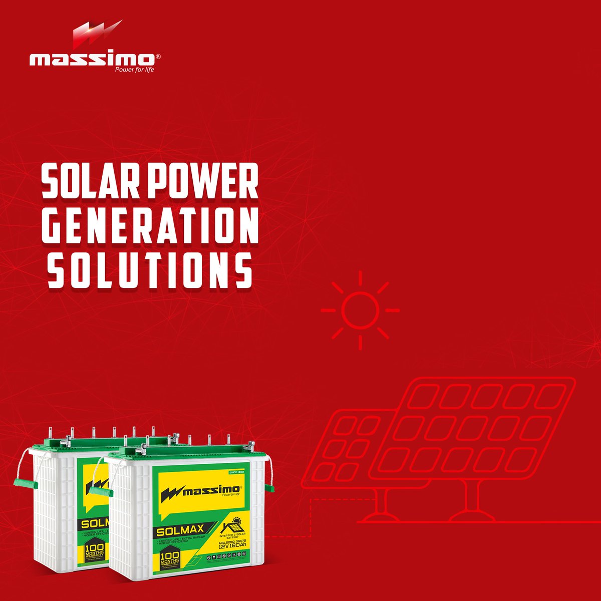 GlobalMassimo's tweet photo. Massimo Batteries is renowned for its Solar Power Generation Solutions

Our Solar Batteries are high efficient with maximum storage features. When you bring home a massimo solar battery, you are bringing in excellence!

#MassimoBatteries #PowerForLife #SolarEnergy #PowerSolutions https://t.co/6TZMjbyxeb