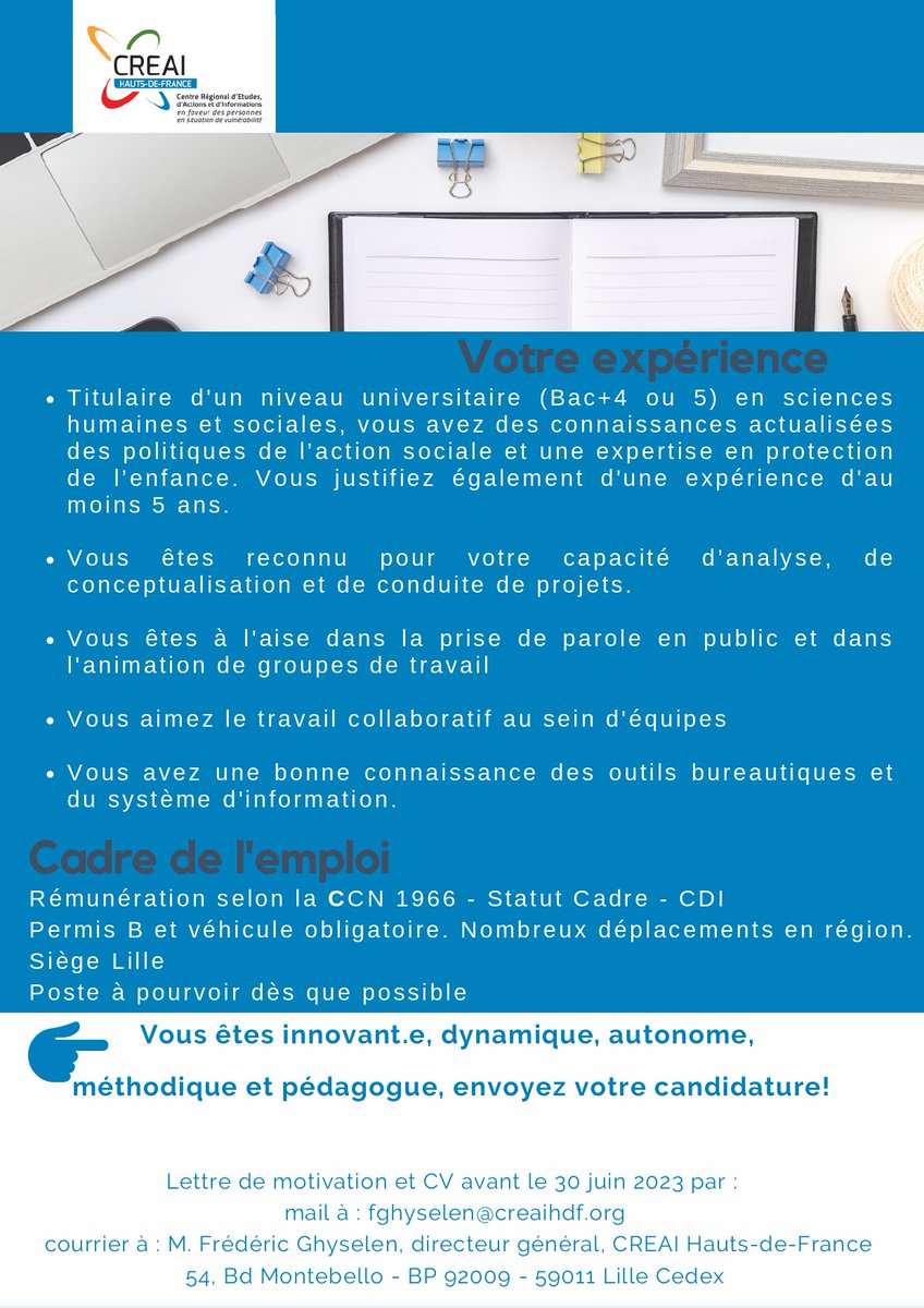 📢 [Recrutement]

Le CREAI Hauts-de-France recrute un.e conseiller.e technique avec une spécificité et expertise en protection de l’enfance / Justice des mineurs.

👉 Vous êtes innovant.e, dynamique, autonome, méthodique et pédagogue : envoyez votre candidature avant le 30 juin !