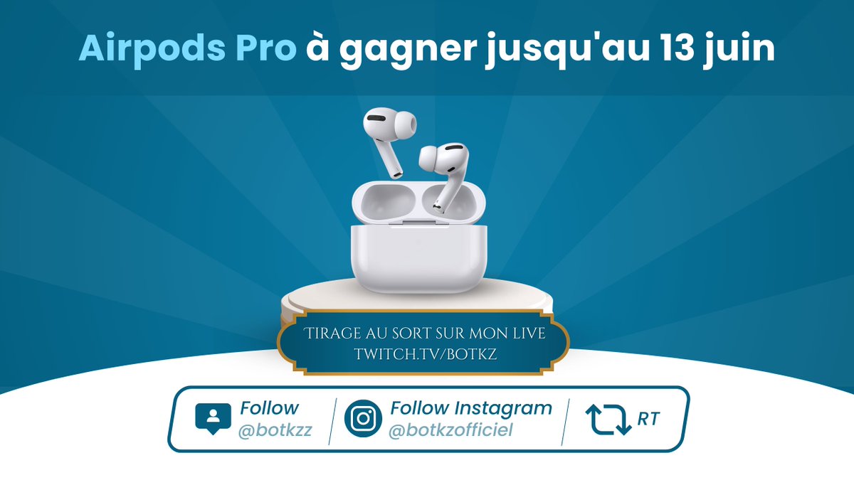 botkzz's tweet photo. ALERTE CONCOURS ! 🚨

🎁 Giveaway d'une paire d'Airpods Pro pour bien profiter cet été

Pour remporter les AirPods: 

🔁♥ RT &amp; Like ce tweet 

⚡️ Follow  @botkzz &amp; botkzofficiel sur instagram
 
TAS : 13/06 en live sur ma chaîne Twitch 🟪 "BotKZ" https://t.co/d0u5A9PJml