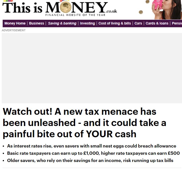Over 6 million savers will be taxed on their bank interest for the 1st time, because it will exceed the measly saving allowance.

This despite deposit interest rates being well below the inflation rate

So the State lets inflation get out of control then takes more of your money.