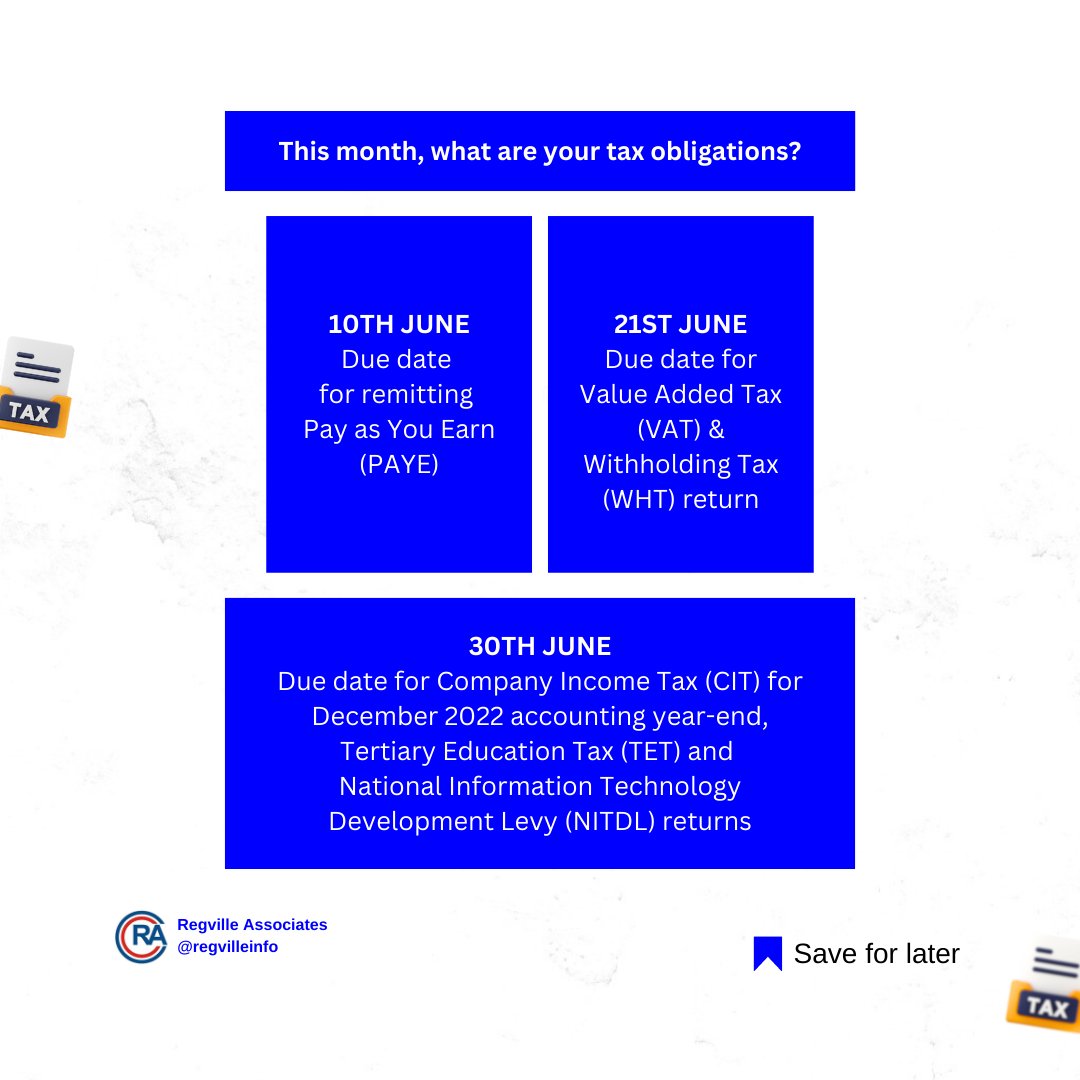 In the month of June, here are the due dates for tax compliance obligations in Nigeria.

Remember it | Save it | Share it

Found this Helpful, Click on the link below for valuable tax advise.

regville.com/tax-calendar

#taxdates #regvilleassociates #taxandcompliance #taxduedate
