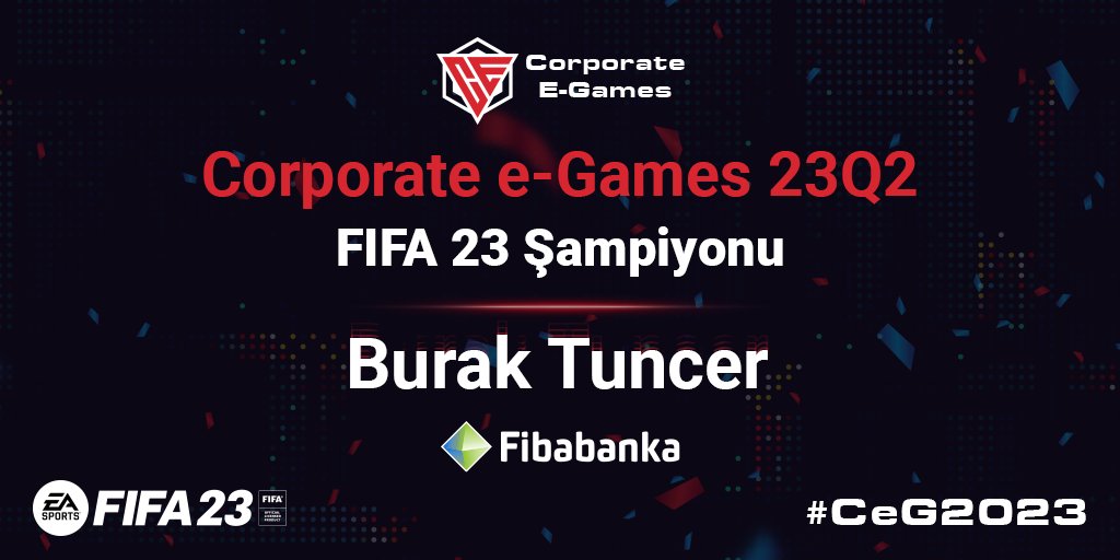 Corporate e-Games 23Q2 - FIFA turnuva birincisi @fibabanka 'dan Burak Tuncer'i tebrik ederiz! #Ceg23Q2 #CeG2023 🚀

Corporate e-Games 23Q2 - FIFA turnuvasına dahil olan herkese mükemmel performansları ve dostça paslaşmaları için teşekkürler! #FIFA #CorporateGames 🎊