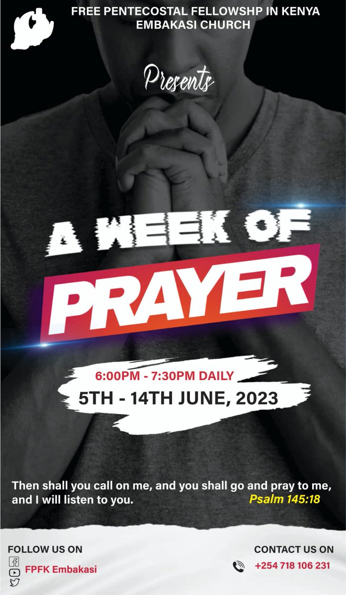 FpfkEmbakasi's tweet photo. "Prayer is a strong wall and fortress of the Church; it is a goodly Christian weapon."
~ Martin Luther
Let us spend each day of the week in prayers and gather in the church everyday from 6pm to 7:30pm to close together.
#prayer #prayersweek https://t.co/VoEPQ3z22d