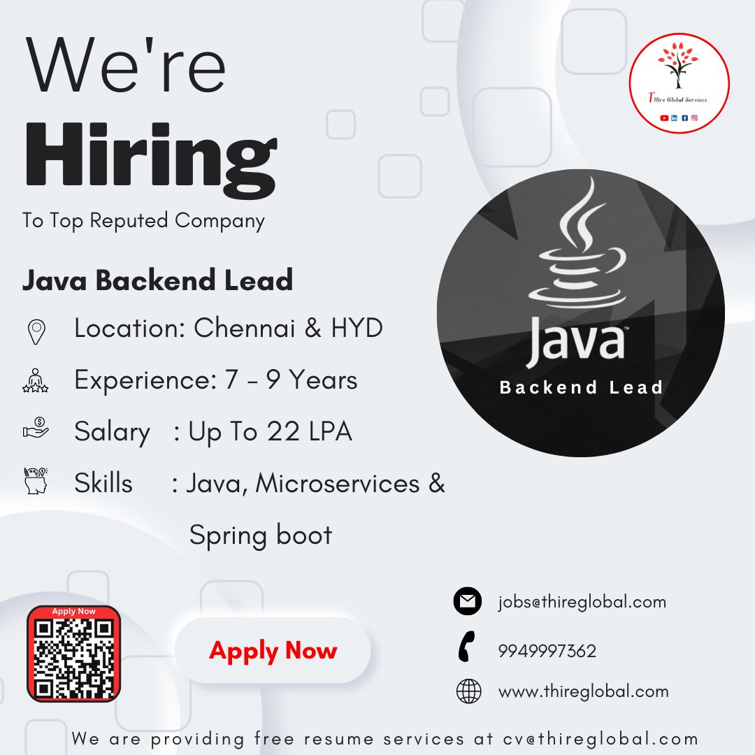 thireglobal's tweet image. We have wonderful Opportunity for Java Backend Lead with Top reputed Company.
If you are interest send me your resume to
Jobs@thireglobal.com & vasanth@thireglobal.com
Click Here: forms.gle/keQSienD1MnxDG…
… #javalead #chennai #chennaijobs #hyderabadjobs #microservices