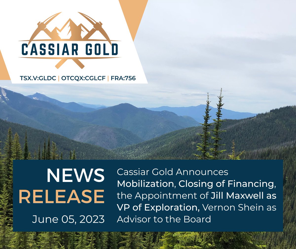 CassiarGold's tweet photo. NEWS ALERT📢 Cassiar Gold Announces Mobilization, Closing of Financing, the Appointment of Jill Maxwell as VP of Exploration, Vernon Shein as Advisor to the Board.

Read the full press release here: https://t.co/TFPaGoDSA2

$GLDC.V $CGLCF https://t.co/fEOZlXIDbP