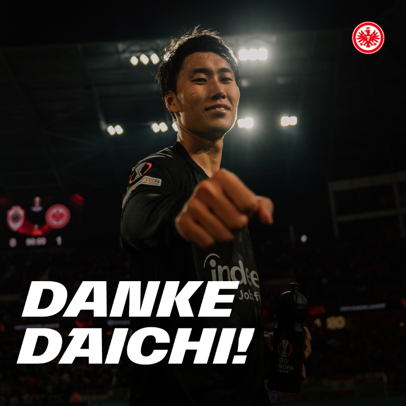 Eintracht's tweet photo. 6 Jahre lang ein Adlerträger - Danke für deinen Einsatz, Daichi! ❤️🦅

⚽️ 179 Spiele
🎯 40 Tore
👁️ 33 Vorlagen
🏆 DFB-Pokalsieger, Europa-League-Sieger

Wir wünschen dir für deinen weiteren Weg alles erdenklich Gute. 
#SGE