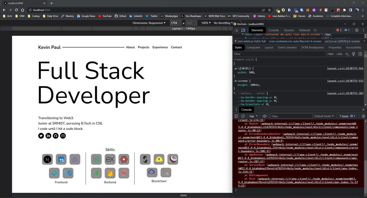 kevinpauljacob's tweet image. Alright! Here is the development since morning. 
I plan on having a fixed screen on the left and the Projects, Experience and Contact sections scrollable on the right side.

#WorkinProgress #developer #codinginpublic