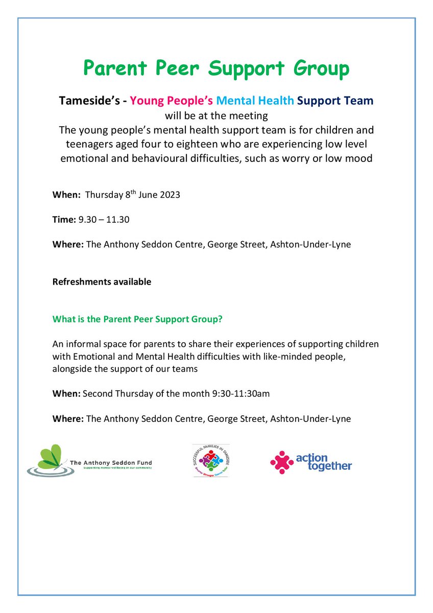 tasfund's tweet image. 📢 Join our Parent Peer Support Group tomorrow! Excited to have Tameside's Young People's Mental Health Support Team with us, offering guidance to kids (4-18) facing emotional difficulties. 

#ParentSupportGroup #MentalHealth #CarersWeek
