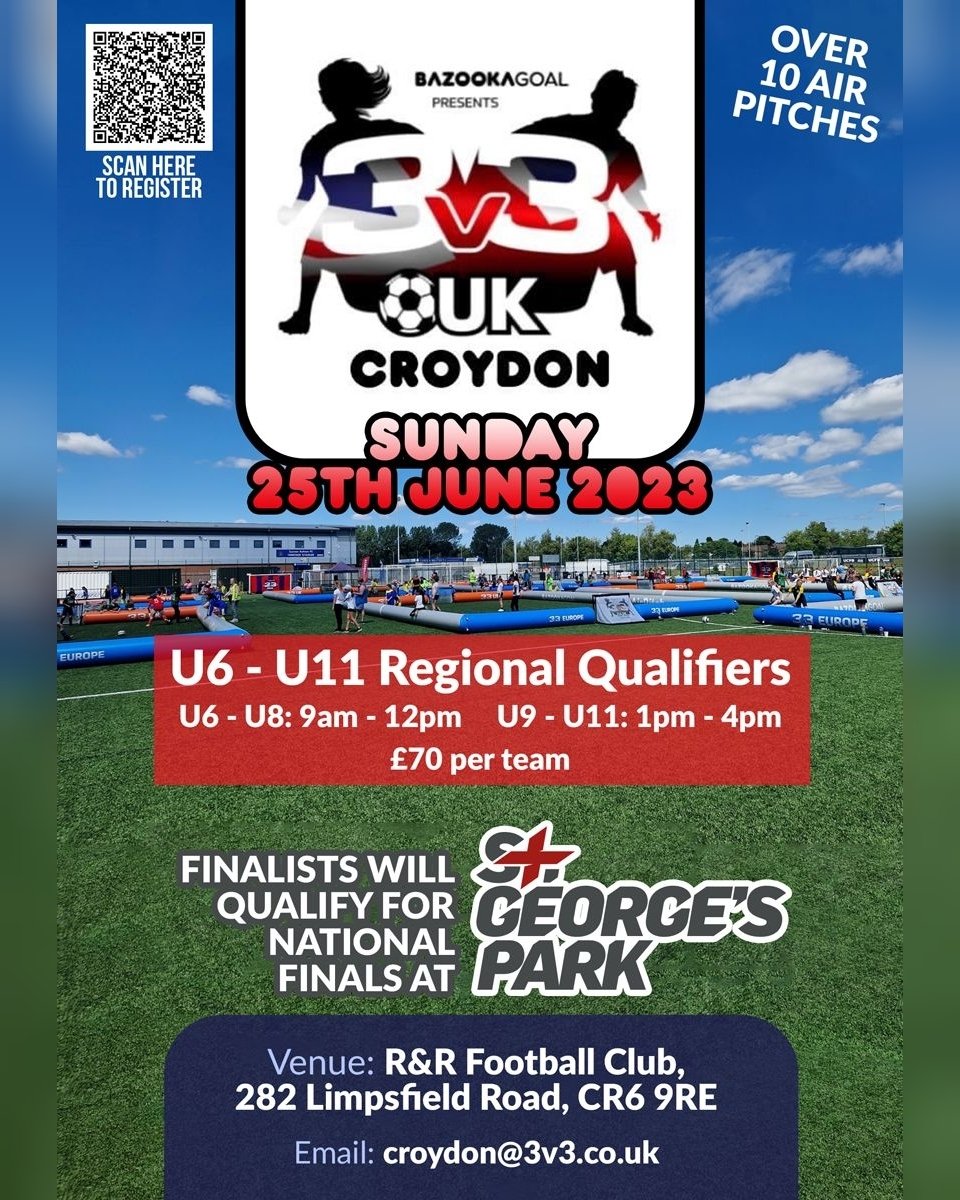 JUST UNDER 3 WEEKS TO GO!!⚽️
@Croydon3v3uk
Limited spaces left

U6 - 1 space
U7 - 1 space
U8 - 3 spaces
U9 - 2 spaces
U10 - 5 spaces
U11 - 4 spaces

Age groups are based on the 22/23 season.

Girls only teams are welcome to play a year below.

#3v3ukcroydon #3v3uk #fastfeetfun