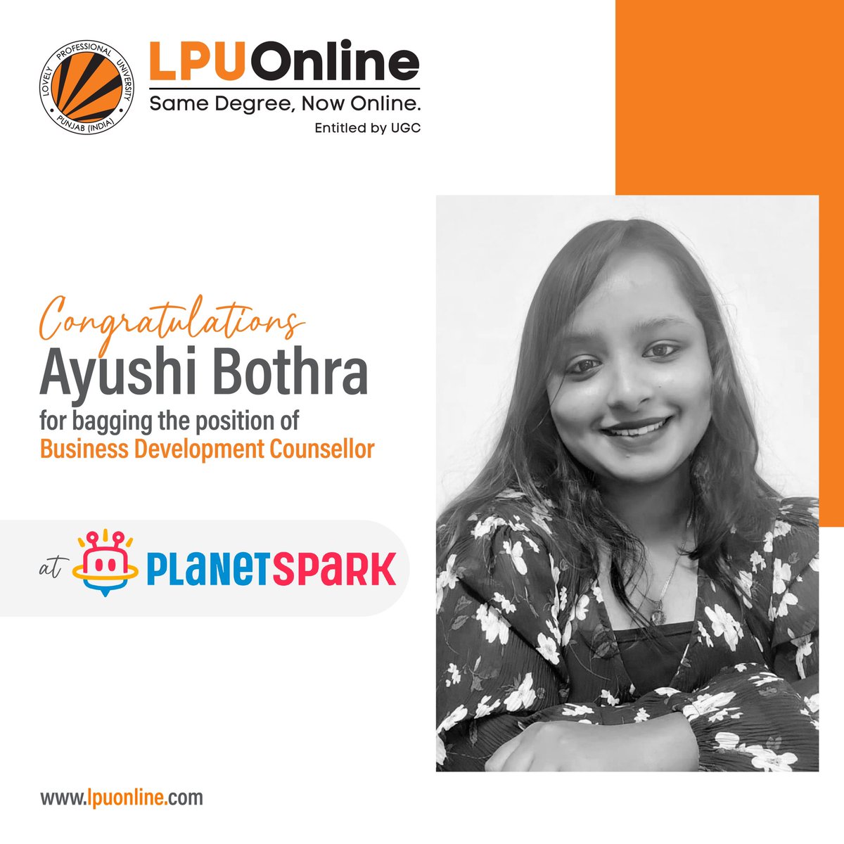 It's a result of constant hard work & corrective guidance.
#Congratulations Ayushi Bothra for starting your career on a high note.

We're extremely elated by your achievement.
All the best.

#PlacementDrive #CareerGrowth #Placement #BusinessDevelopment #LPUOnline