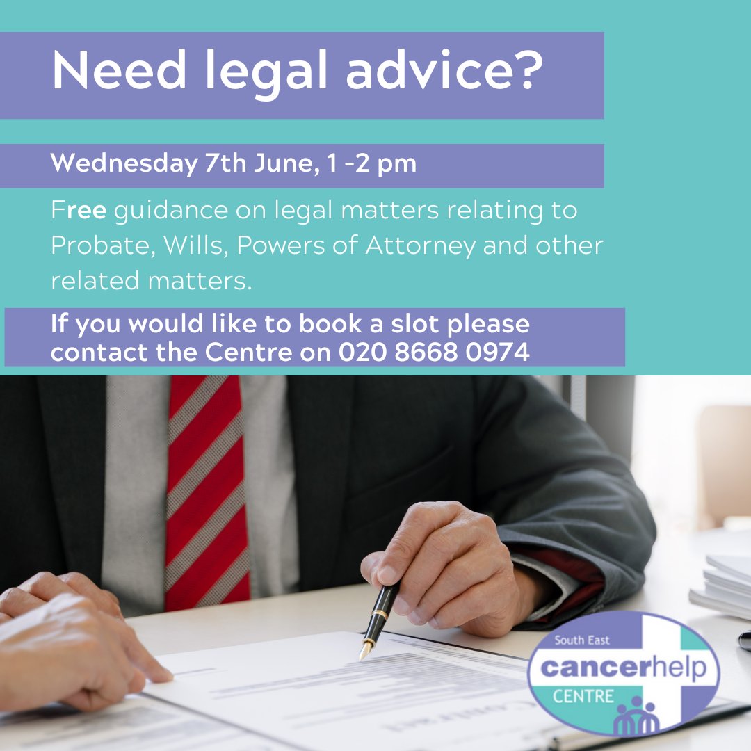 We will have a Solicitor in the Centre on Weds 7th June, 1 -2 pm. Providing free guidance on legal matters relating to Probate, Wills, Powers of Attorney. If you are interested,  contact the Centre on 020 8668 0974
#cancer #cancercare #croydon #purley #sechc #legaladvice #charity