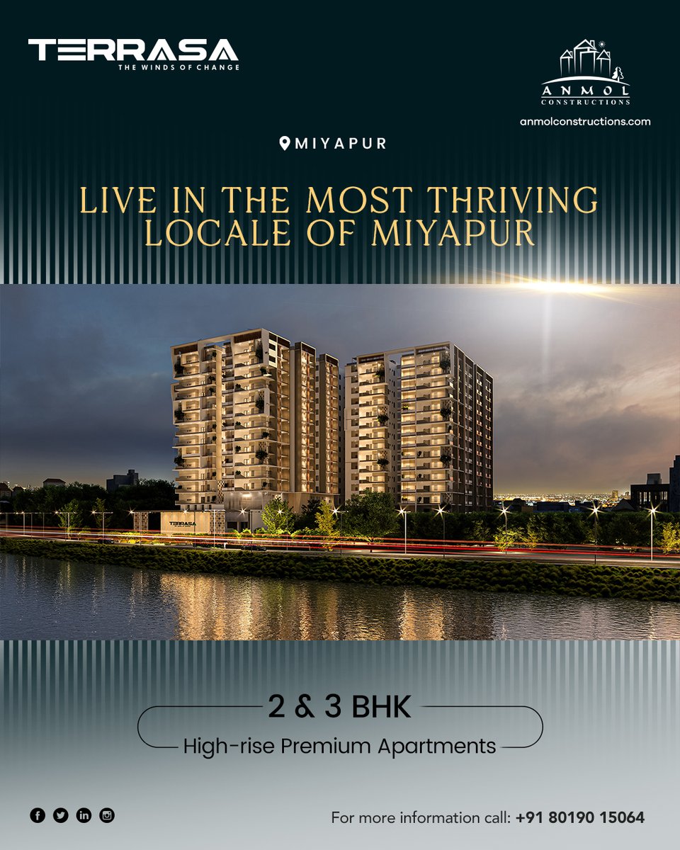 Located in the most thriving locale of Miyapur, Terrasa offers top notch developments.

#Anmol #anmolconstructions #luxuryhome #gatedcommunity #LakeViewApartment #GatedCommunityApartments #newhome #dreamhome #flats #apartments #2bhk #3bhk  #highriseapartments #flatsinmiyapur