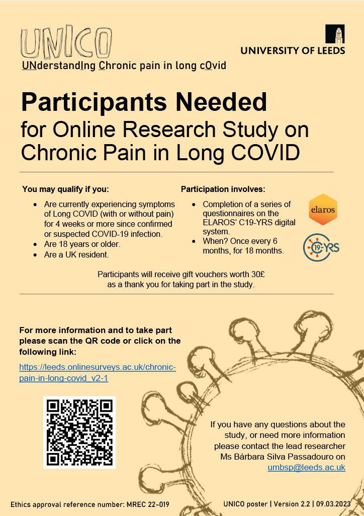 Can I get some retweets? #longcovid Chronic pain in long covid study... (but anyone experiencing Long Covid WITH OR WITHOUT pain symptoms can participate. See poster/link below for eligibility/involvement leeds.onlinesurveys.ac.uk/chronic-pain-i…… (Psst., you can get a gift voucher)
