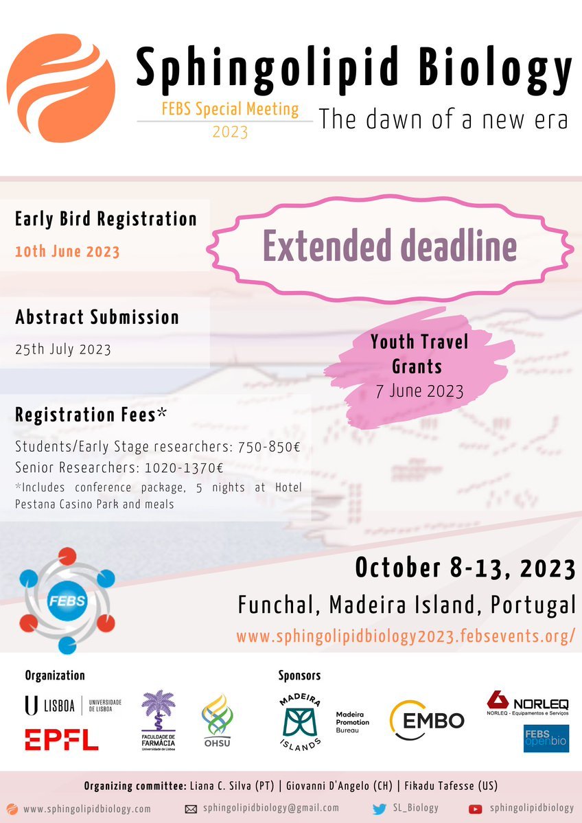 Exciting update! Due to high demand, we've extended the early bird registration & travel award appl. deadlines! Don't miss out. Please RT. @FEBSnews @SL_Biology @MolCellBiophys @Gio_Dangel0 @hlatim @nadlerlab @HolthuisL @Stahelin_Lab @jlipidres @ASBMB sphingolipidbiology2023.febsevents.org