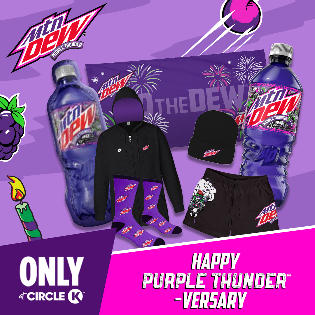 CircleKStores's tweet photo. You + Purple = 🔥 Get a chance to win a Mtn Dew Purple Thunder bathing suit, towel, pool float, body pillow, socks, hoodie, or beanie #OnlyatCircleK.

Here’s how you could win:
1. Follow us
2. Like this post
3. Comment #PurpleThunderversary #sweepstakes https://t.co/hT8J3nm2fO