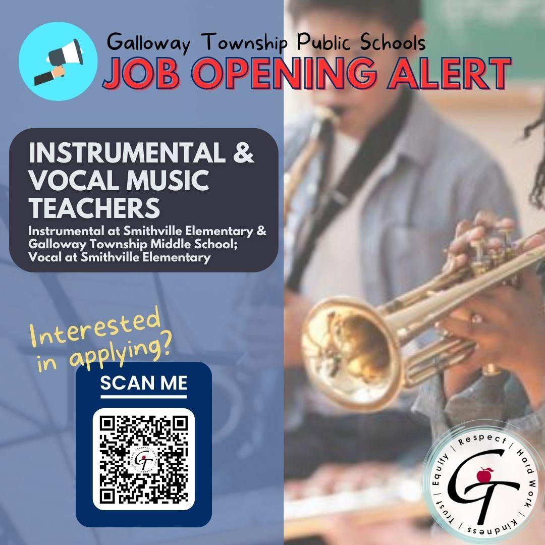 <a href="/GTNJSchools/">Galloway Township School District</a> is currently looking to hire (3) Music Teachers. Please scan the QR code in the post or visit applitrack.com/galloway/onlin… to apply today! Posting closes Thursday, June 15, 2023.