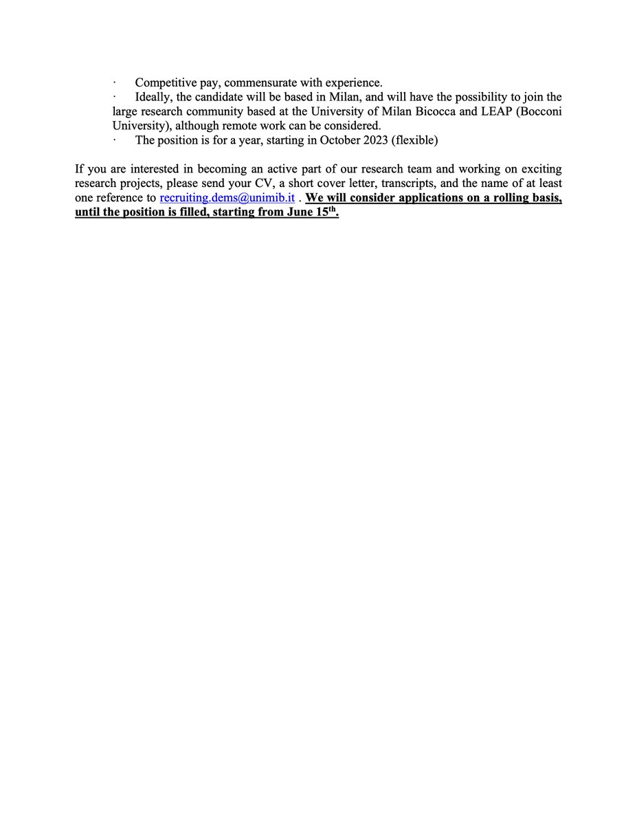 Andrea Guariso (@a_guariso) on Twitter photo 📢 NEW Research Assistant (pre-doc) position 📢
<a href="/MariapiaMendola/">Mariapia Mendola</a> and I are looking for a full-time RA to work on a range of exciting projects in development and migration economics! #predoc <a href="/econ_ra/">Econ RA Listings</a> <a href="/predoc_org/">PREDOC.org</a>
👇More details👇
bit.ly/3qvyf8E 📢 NEW Research Assistant (pre-doc) position 📢
<a href="/MariapiaMendola/">Mariapia Mendola</a> and I are looking for a full-time RA to work on a range of exciting projects in development and migration economics! #predoc <a href="/econ_ra/">Econ RA Listings</a> <a href="/predoc_org/">PREDOC.org</a>
👇More details👇
bit.ly/3qvyf8E