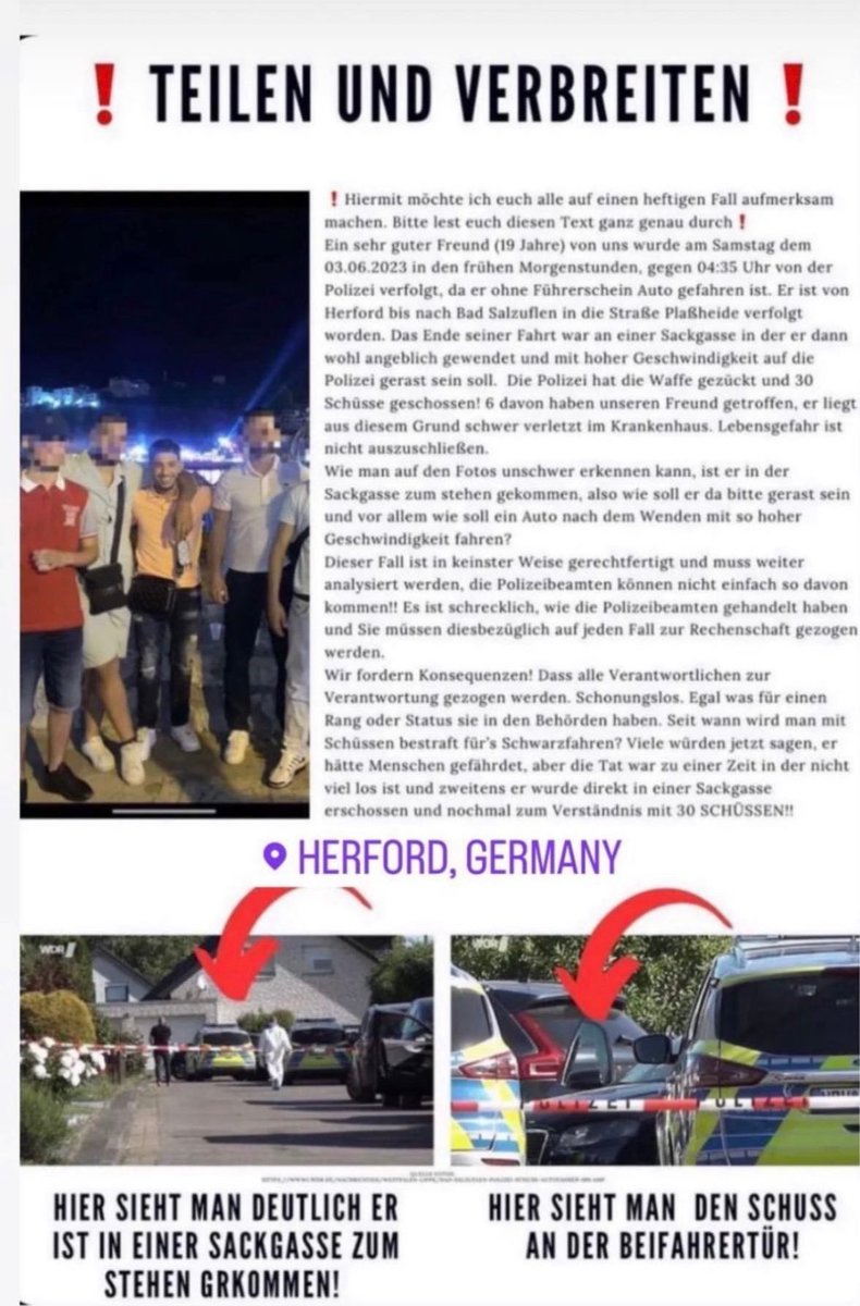 In Bad Salzuflen wurde am frühen Samstag Morgen ein 19 Jähriger mit 30 Schüssen von der Polizei niedergeschossen. Er ist ohne Führerschein gefahren. 
Viele Details sind noch unklar, aber Freunde des Opfers zweifeln an der Version der Polizei, was wir hiermit dokumentieren.