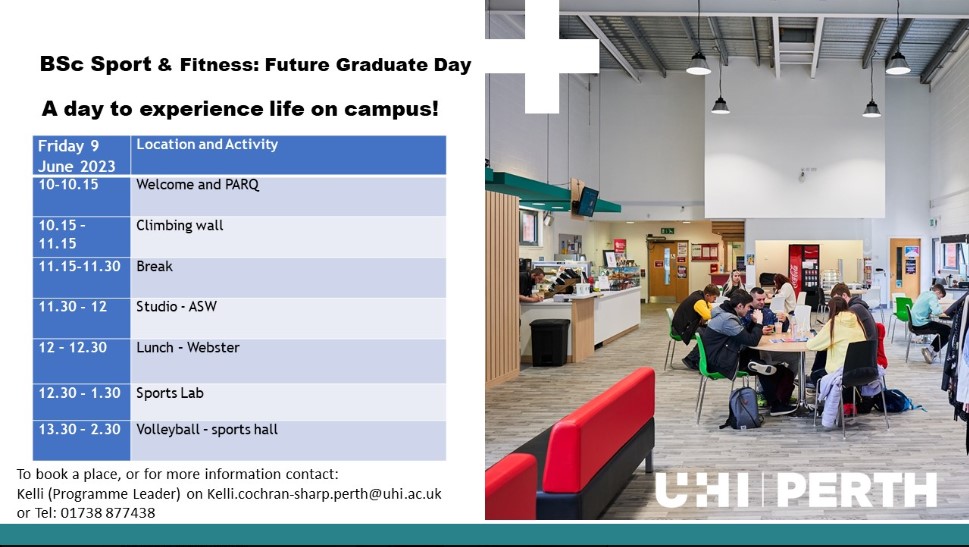 Future Graduate Day➕ All September 2023 BSc (hons) Sport &amp; Fitness 1st years, direct entrants + anyone considering studying with us - we have an opportunity for you! Come along and have a day on campus.

🔗Book your spot for this fun-packed day: bit.ly/3OTCSmO
#UHIPerth