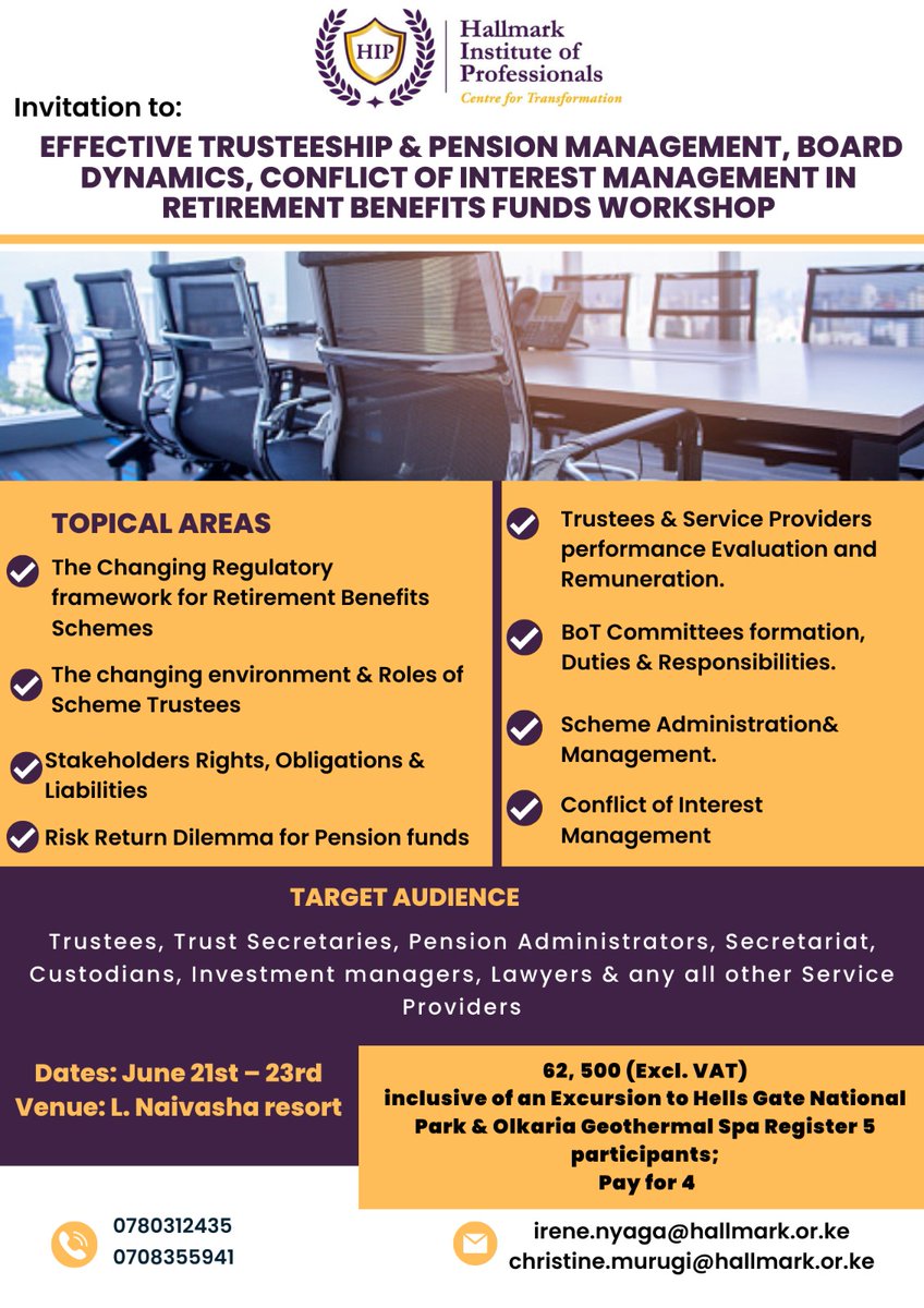 HallmarkInst's tweet photo. Within the current VUCA Environment, Effective Trusteeship and Professional Fund management remains the anchor to Successful Retirement for the members. 
Let's meet and sharpen our skills from 21st- 23rd June.
Book at: Christine.murugi@hallmark.or.ke
 Irene.nyaga@hallmark.or.ke https://t.co/YdKt3ZPp5n