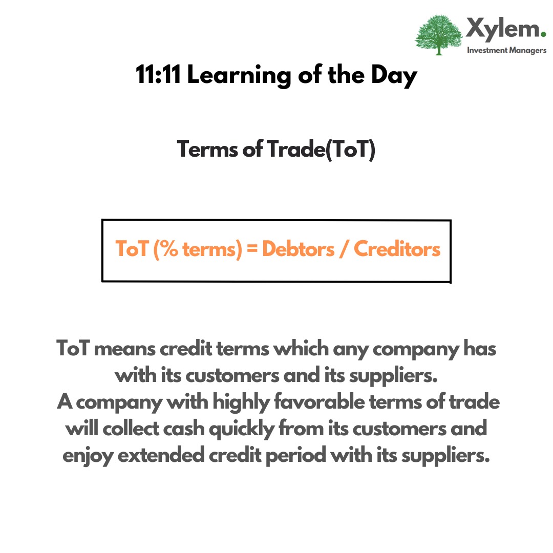 XylemInvestment's tweet photo. "Favorable ToT is one of the enablers of high ROCE"
ToT directly impacts Operating Cash Flow(OCF) as debtors and creditors strongly influence OCF.
Carefully decide your terms of trade.
#learnwithxylem #learningoftheday #termsoftrade #investment https://t.co/tM3td3lVjF