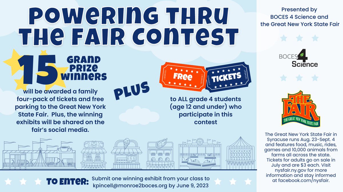 Friday is the last day to enter the Powering Thru the Fair Contest 🎢 Be sure to submit one winning exhibit from your class before June 9, 2023. Students could win one of 15 grand prizes, plus all participating grade 4 students receive free admission to the fair this summer 😎