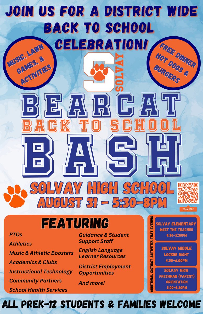 📅💙🧡SAVE THE DATE! The Solvay Back to School Bash is August 31 @ SHS!