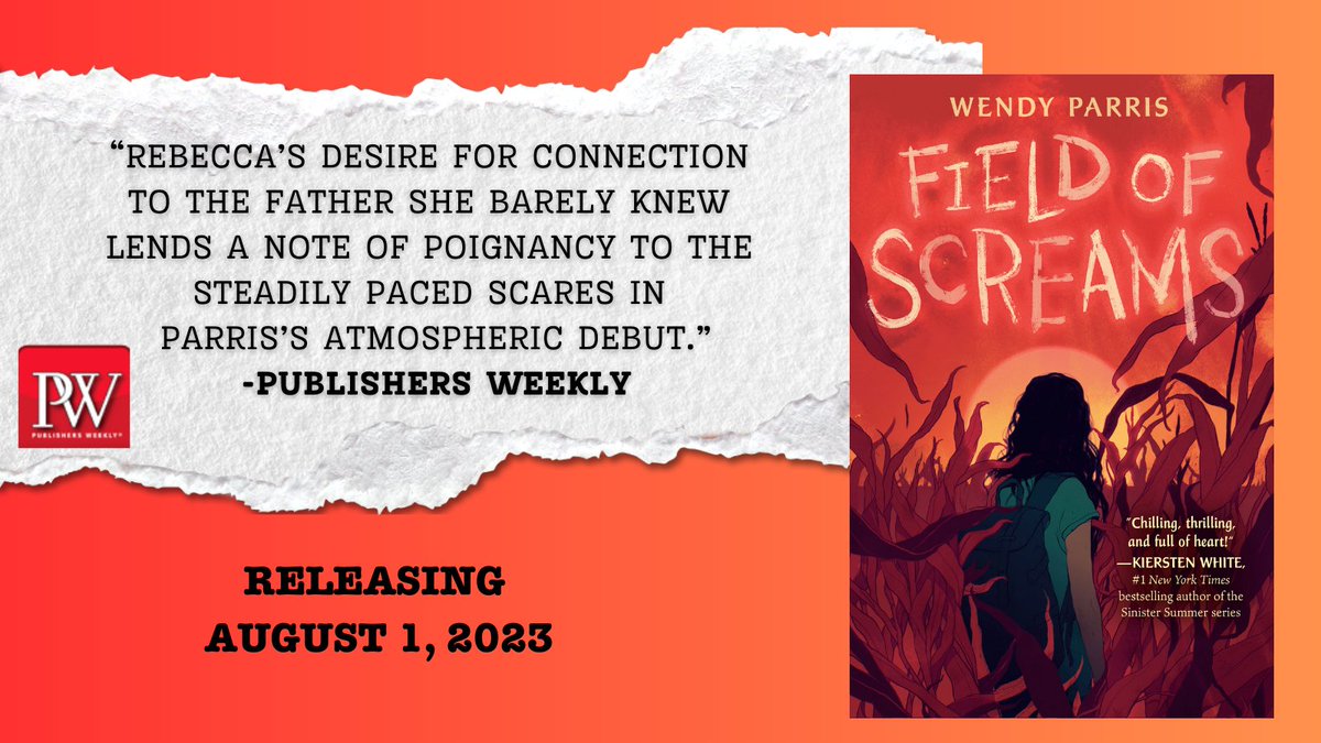 Thank you, @PublishersWkly, for the lovely review of FIELD OF SCREAMS. I worked hard to ensure the story was scary while also resonating on a deeper level. Thrilled that came across🥰 
@randomhousekids @Classof2kBooks @2023Debuts @MGin23 

 #KidLit #MGLit #SpookyMG #MGhorror