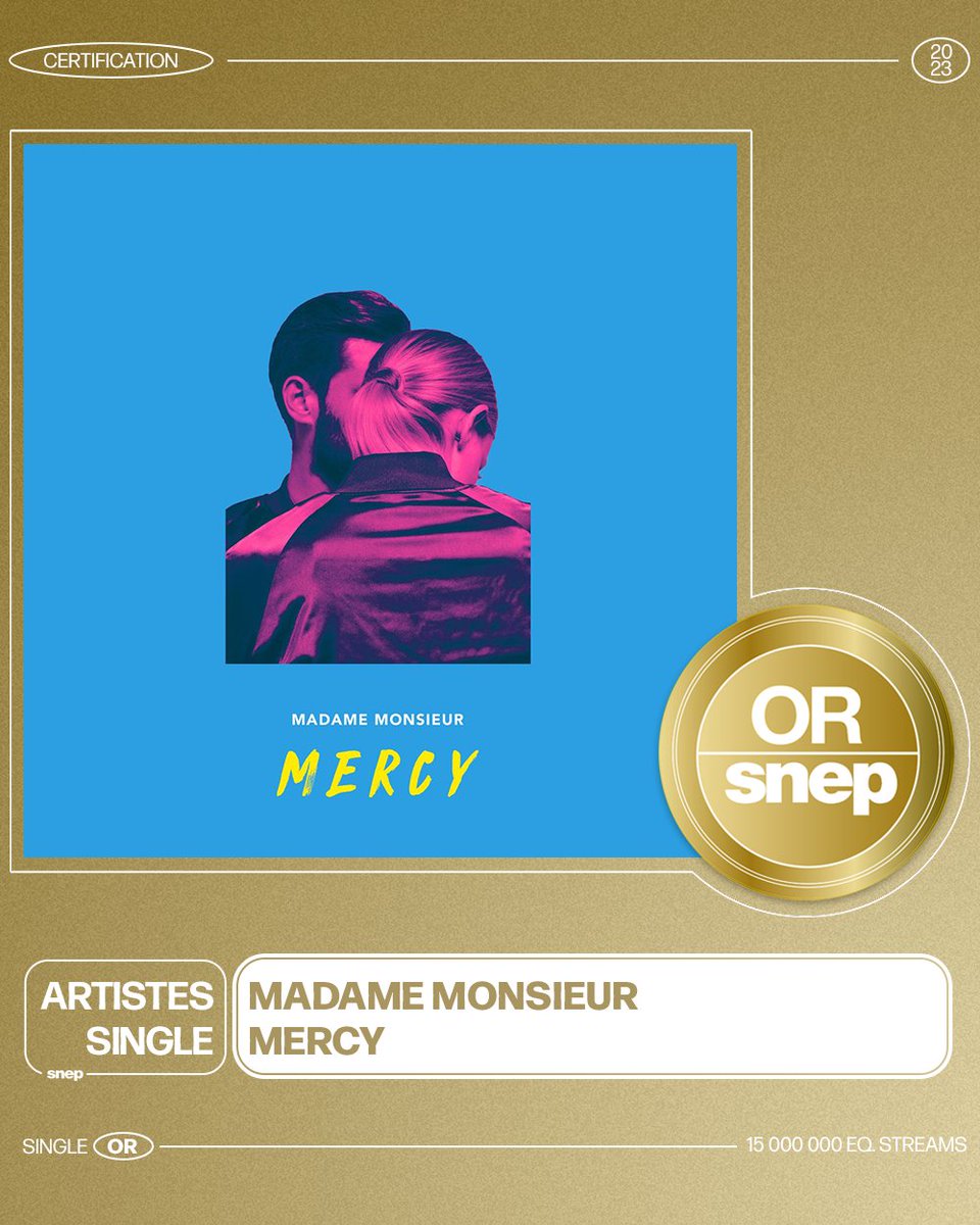 Le titre « Mercy » de Madame Monsieur est certifié Single Or ! 📀

15 000 000 équivalents streams 🎧

Bravo ! 👏