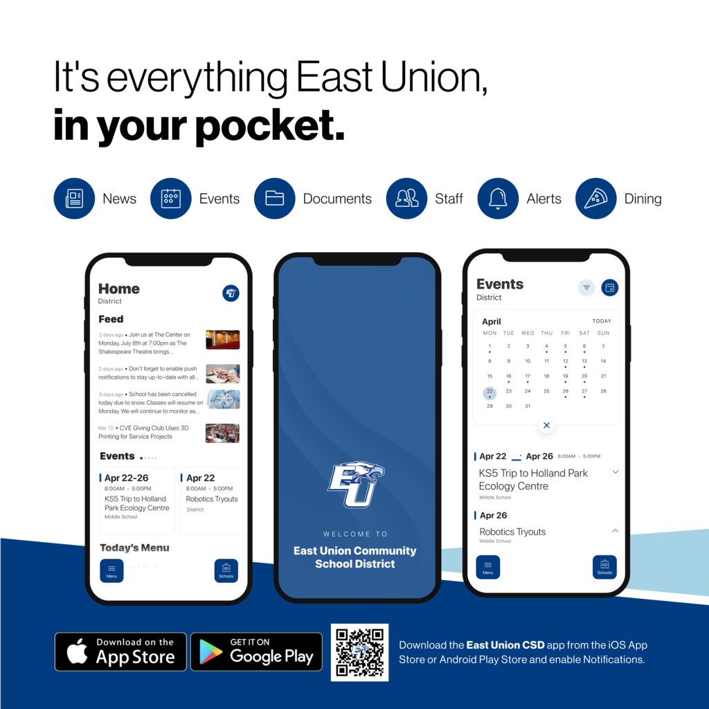 EU_CSD's tweet photo. We're thrilled to announce the new app for East Union CSD!  It's EVERYTHING East Union in your pocket.

Download for Android:  https://t.co/nBY3yRtUww
Download for iPhone: https://t.co/Nw4JoWW5kK https://t.co/AhEkFsPwT6